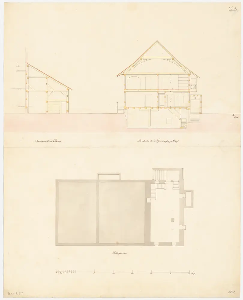 Dorf: Pfarrhaus und Scheune; Querschnitt und Grundriss des Kellers (Nr. 3)