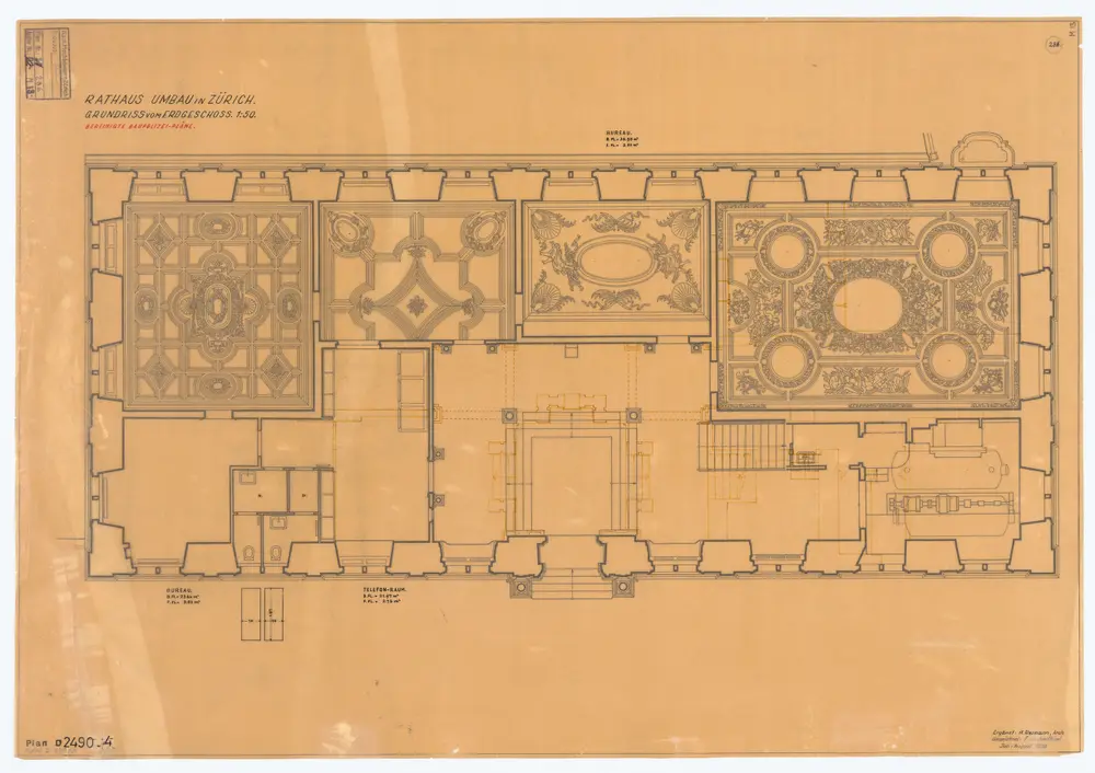 Rathaus: Bereinigte Baupolizeipläne; Grundrisse: Erdgeschoss; Grundriss und Stukkaturen
