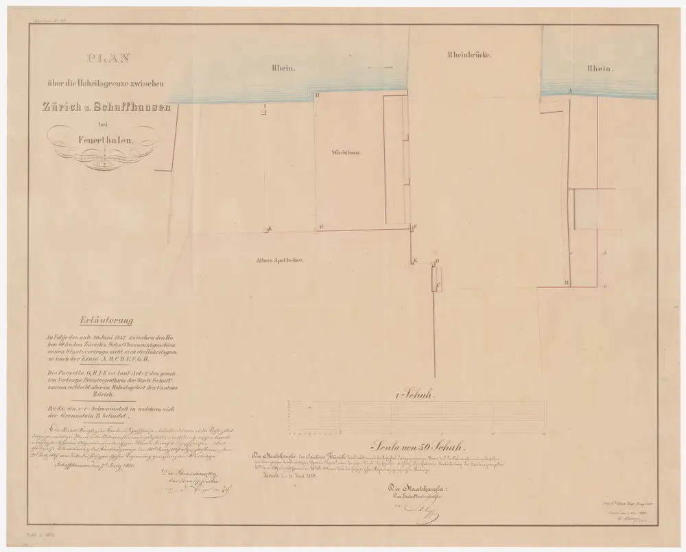 Feuerthalen, Schaffhausen: Linkes Rheinufer bei der Rheinbrücke in Schaffhausen, Grenze zwischen den Kantonen Zürich und Schaffhausen; Situationsplan (Rhein-Gebiet Nr. 46)