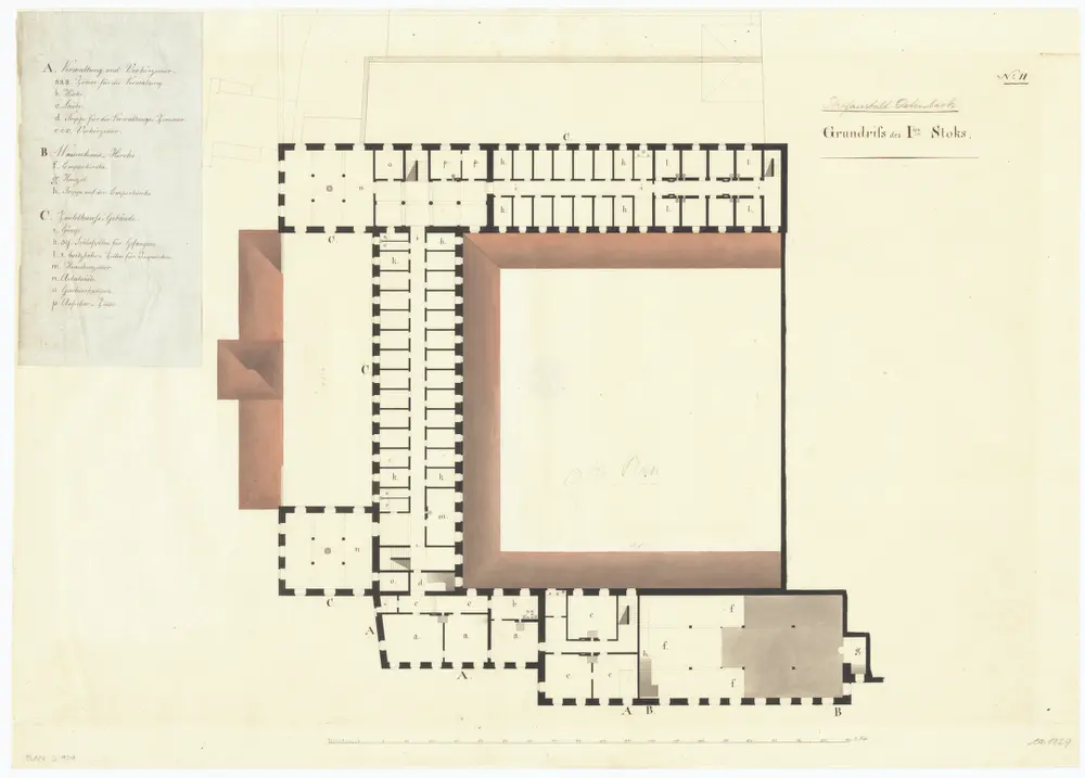 Kantonale Strafanstalt, projektierter Umbau des Klosters Oetenbach: 1. Stock; Grundriss