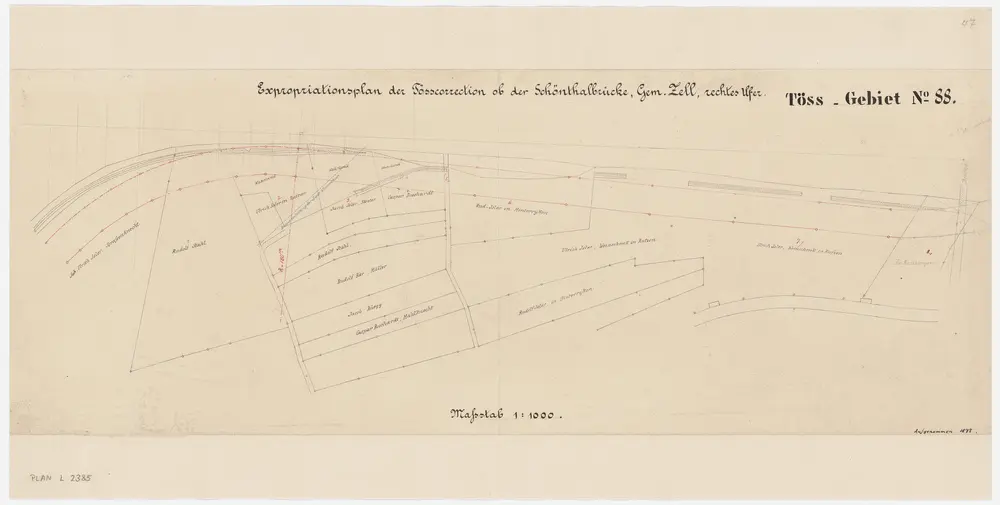 Zell: Oberhalb der Schöntalbrücke, Expropriationen der Tösskorrektion, rechtes Ufer; Situationsplan (Töss-Gebiet Nr. 88)