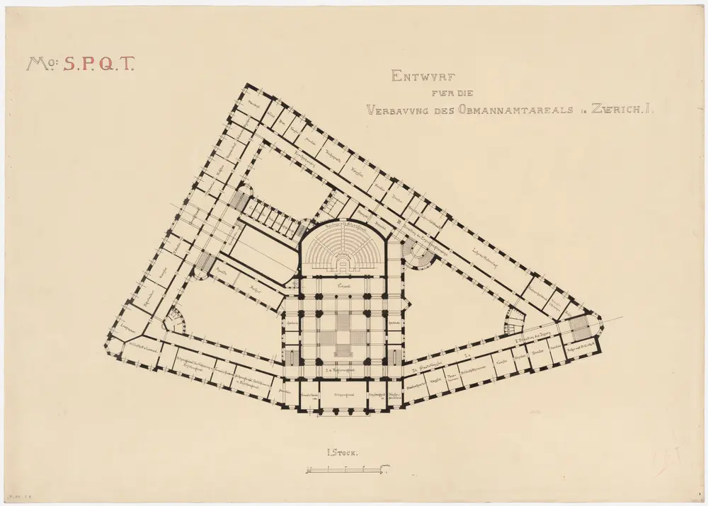 Zürich: Verwaltungs- und Gerichtsgebäude auf dem Obmannamtsareal; Projekt S.P.Q.T.; 1. Obergeschoss; Grundriss