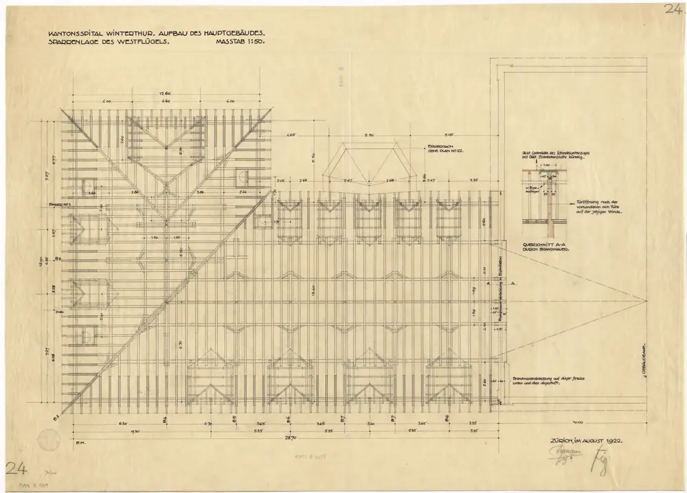 Winterthur: Kantonsspital, Hauptgebäude, Aufbau, Westflügel, Sparrenlage; Ansicht und Querschnitt (Nr. 24)