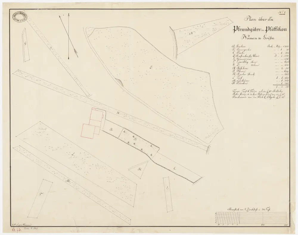 Pfäffikon: Pfrundgüter Garten und Baumgarten beim Pfarrhaus, Pünte, Bussenhauser Wiese, Gemeindweid, Einschlag, Kibitzen, Schanz, Basler Reuti, Torf, Leimboden und Böschen; Grundrisse (Nr. 1)