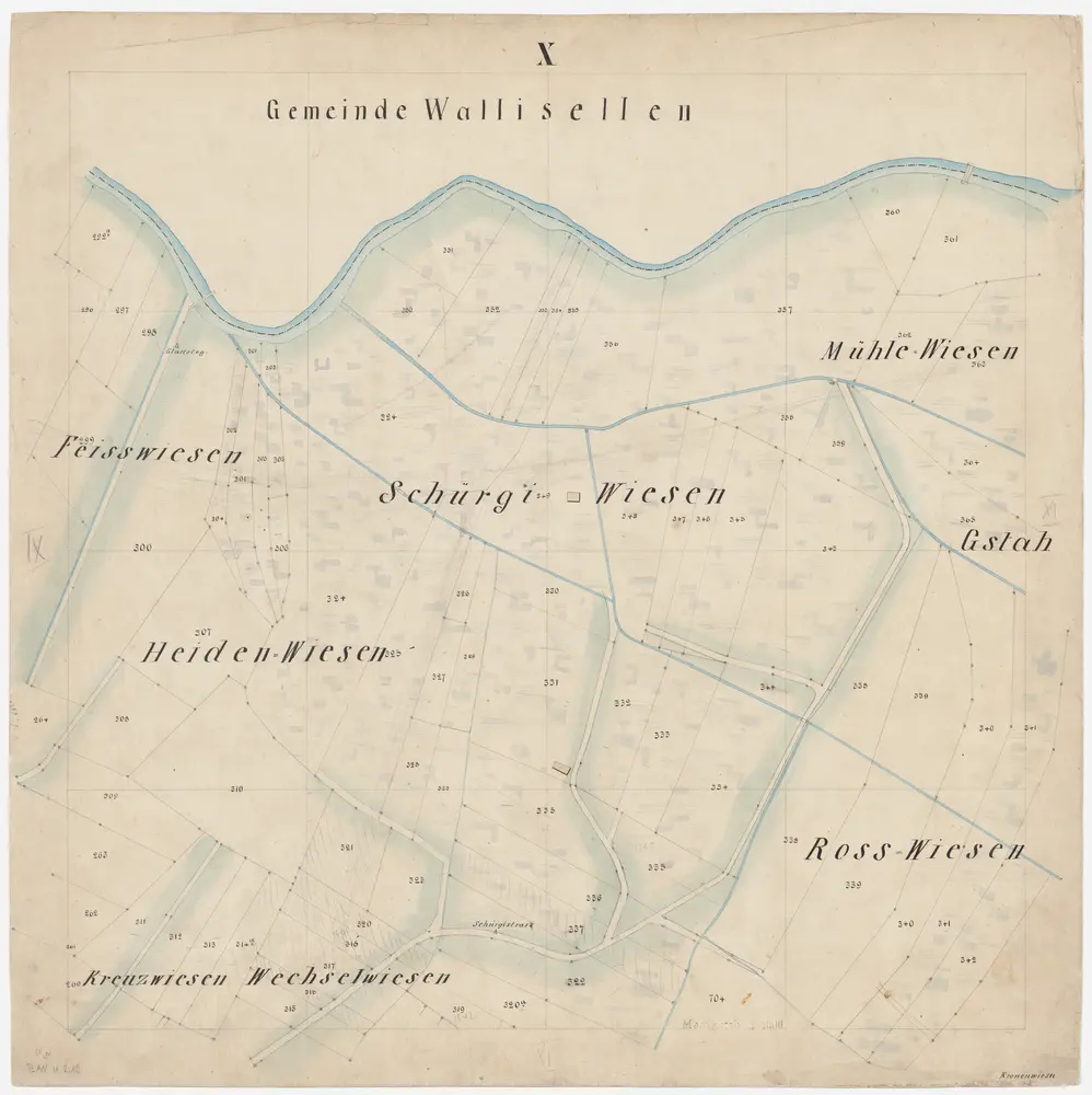 Schwamendingen: Gemeinde; Katasterpläne: Blatt X: Feisswiesen, Heidenwiesen, Kreuzwiesen, Wechselwiesen, Schürgiwiesen, Mühlewiesen, Rosswiesen und Gstah; Situationsplan