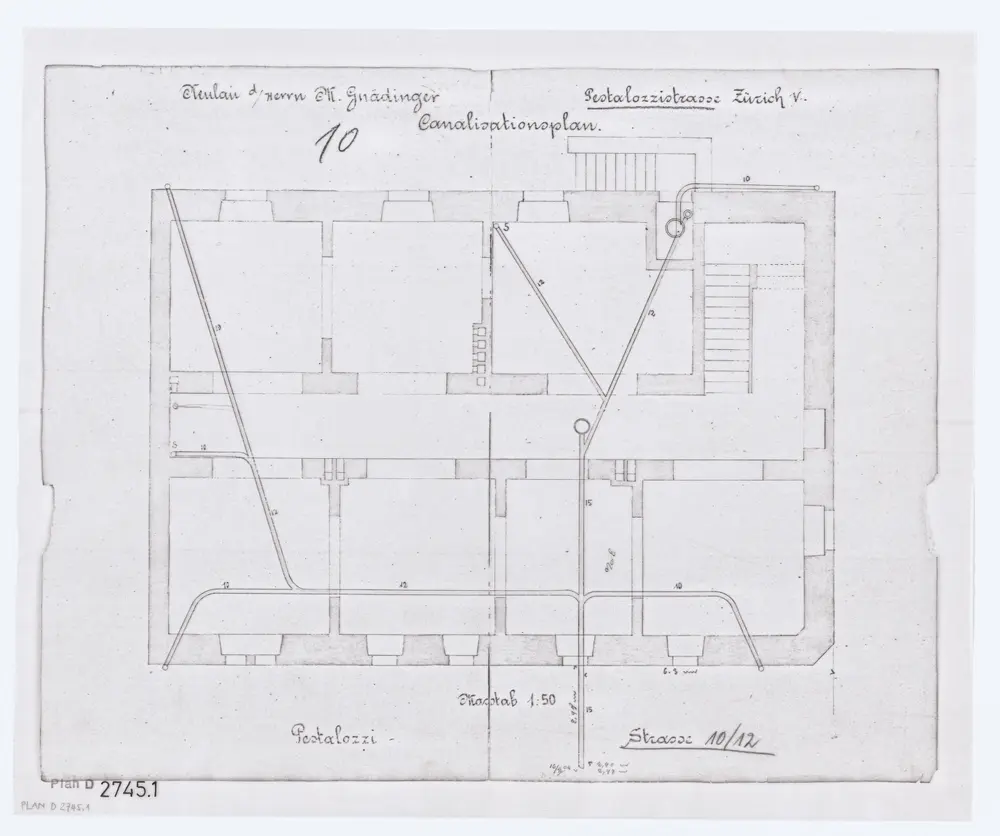 Liegenschaften Pestalozzistrasse 10 und 12: Neubau von Herrn Gnädinger, Pestalozzistrasse 10: Kanalisation; Grundriss