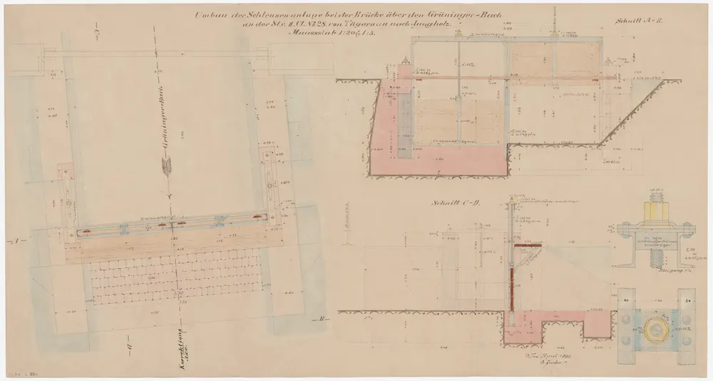 Gossau: Brücke über die Aa (Grüningerbach) zwischen Tägernau und Jungholz, Umbau der Schleusenanlage; Grundriss, Schnitte und Details