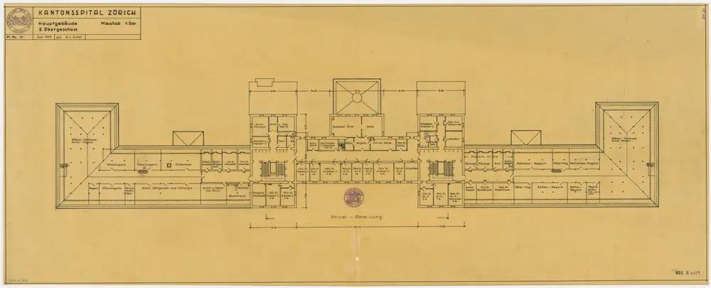 Zürich: Kantonsspital, Hauptgebäude, 2. Stock; Grundriss