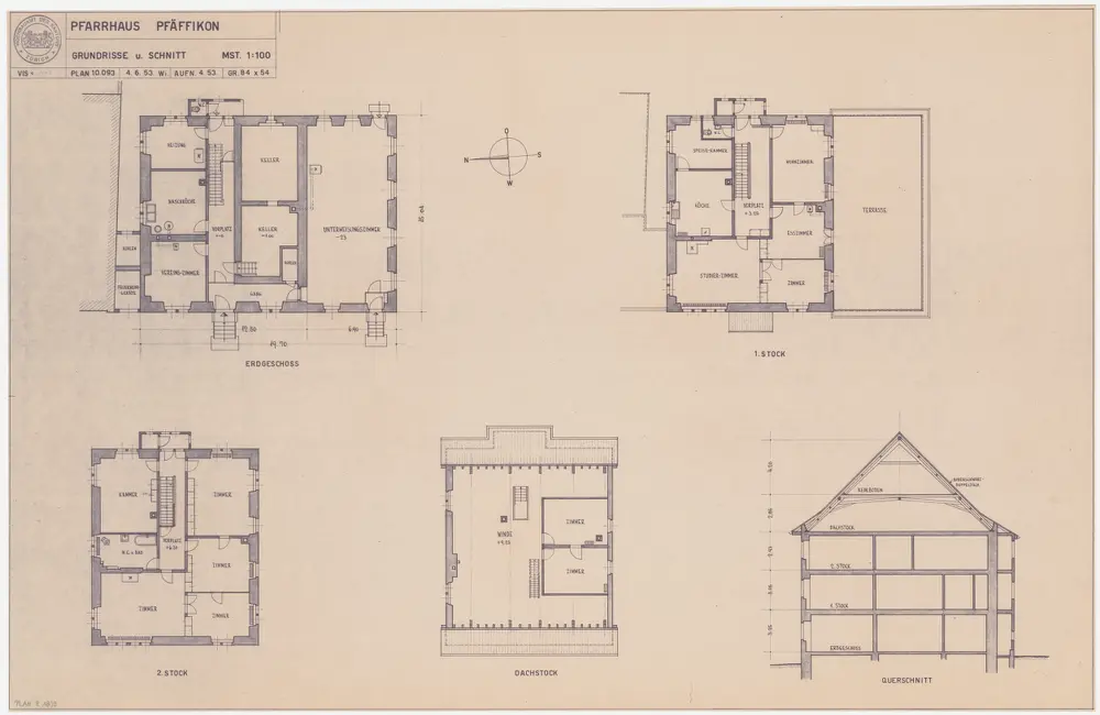 Pfäffikon: Pfarrhaus; Grundrisse des Erdgeschosses, 1. und 2. Stock und Dachgeschosses und Querschnitt