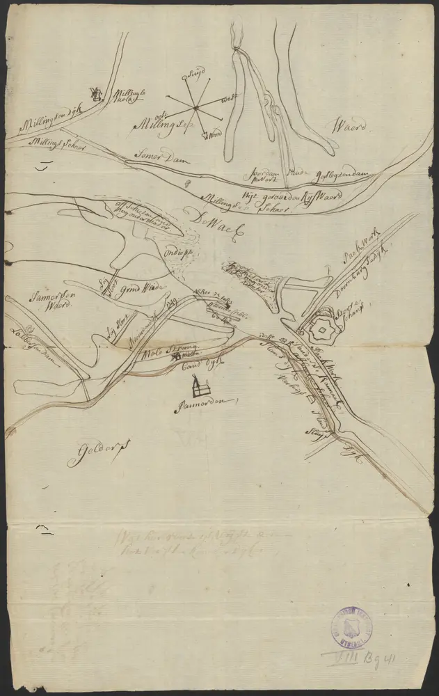 [Manuscript map of the river situation near Schenkenschans and Bijlandsche Waard]