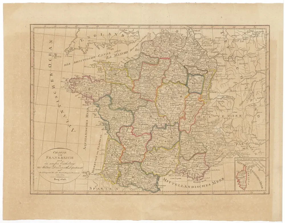 Charte von Frankreich nach der neuesten Eintheilung in 22. Militair-Divisionen 86. Departemente mit Beziehung auf die alte Eintheilung in Provinzen entworfen