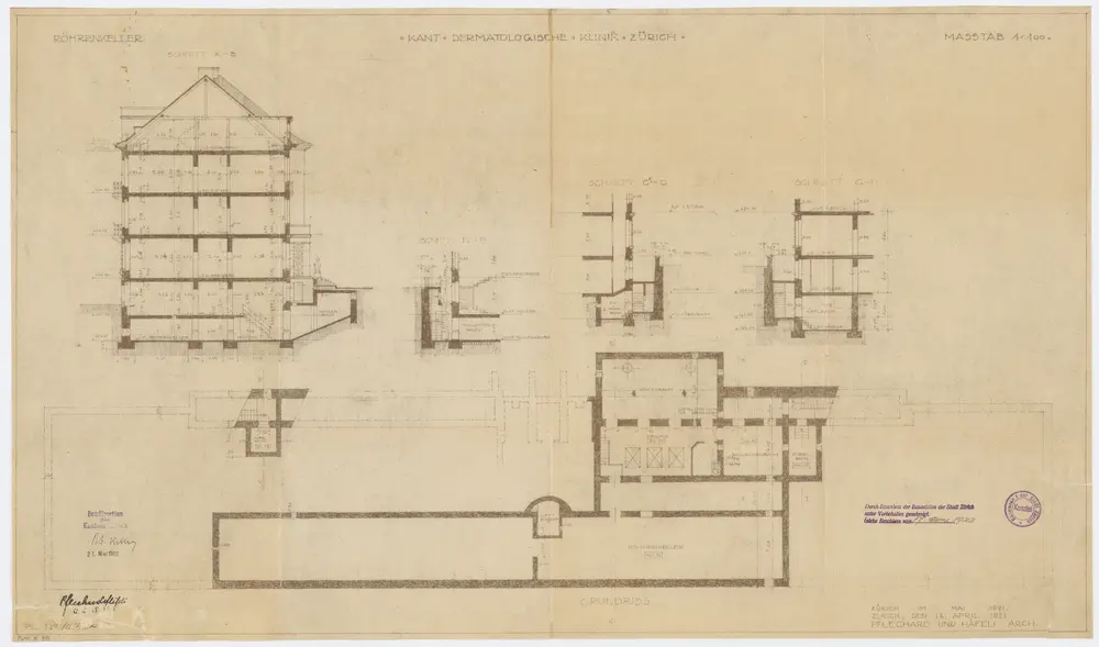 Zürich: Kantonsspital, Dermatologische Klinik, Röhrenkeller; Grundriss und Schnitte