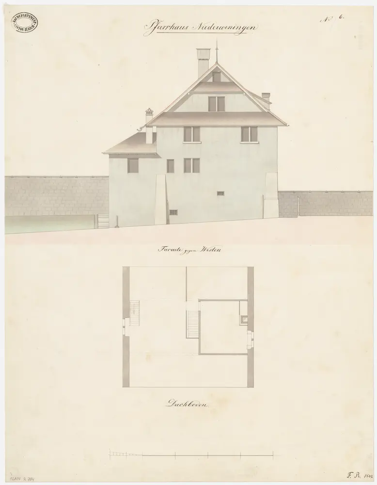 Niederweningen: Pfarrhaus; Westansicht und Grundriss des Dachgeschosses (Nr. 6)