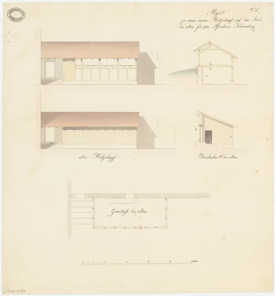 Schönenberg: Alter und projektierter neuer Holzschuppen; Grundriss des alten sowie Ansichten und Querschnitte des alten und des neuen Holzschuppens (Nr. 5)