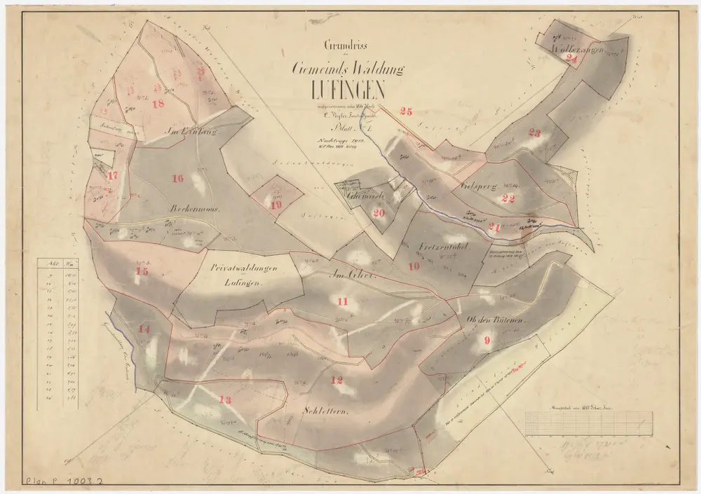 Lufingen: Gemeindewaldung: Ghei, Reckenmoos, Im Einfang, Schletteren (Schlettern), Fretzentobel, Gelsberg (Gelsperg), Wolfzangen (Wolfszangen), Ob den Rütenen; Grundriss (Blatt 1)