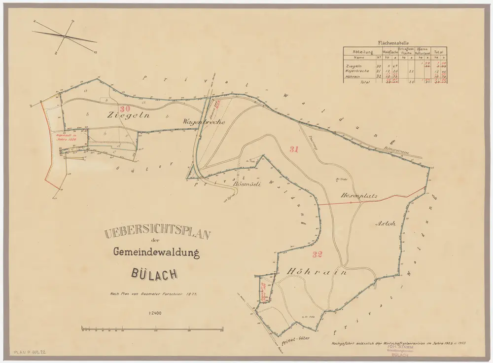 Bülach, Hochfelden: Gemeindewaldungen Bülach und Eschenmosen: Bülach: Höhrain (Höhrein), Axloo (Axloh), Häxenplatz (Hexenplatz), Bösmösli, Wagenbrechi (Wagenbreche), Zieglen (Ziegeln); Grundriss