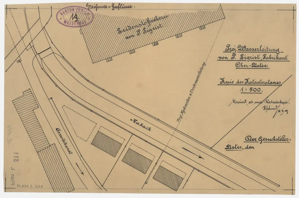 Uster: Aa (Aabach) in Oberuster, projektierte Hydranten- und Trinkwasserleitung für die Seidenstoffweberei P. Sigrist; Situationsplan