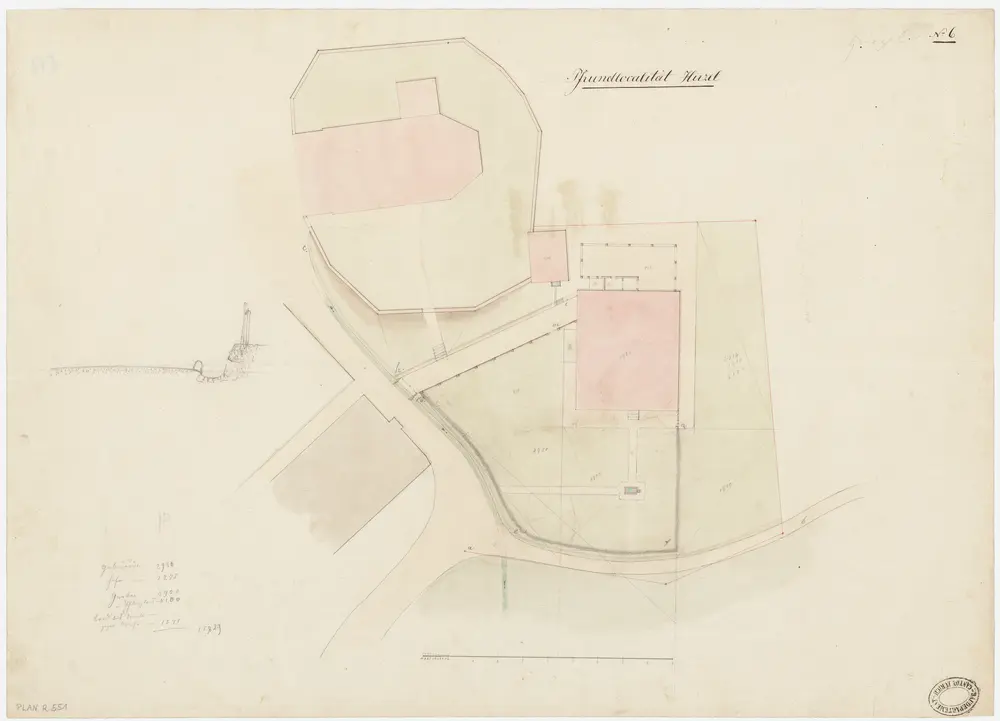 Hirzel: Pfrundlokalität mit Kirche und Pfarrhaus; Grundriss und Querschnitt der Strasse zum Pfarrhaus (Nr. 6)