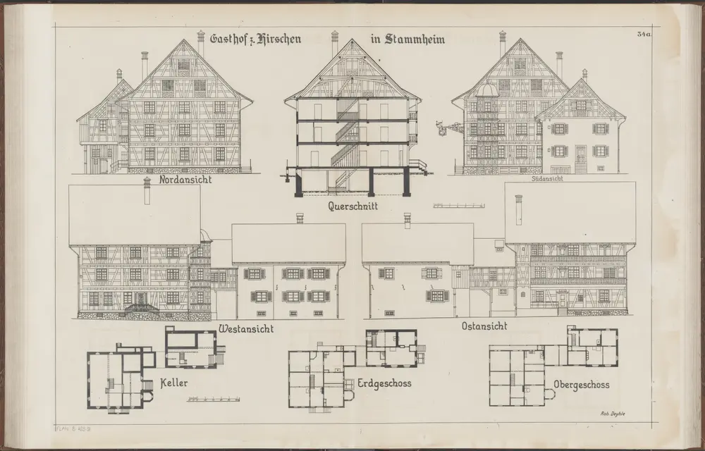 Das Bauernhaus im Kanton Zürich: Oberstammheim: Gasthof Hirschen; Ansichten, Grundrisse und Querschnitt (Nr. 34 a)