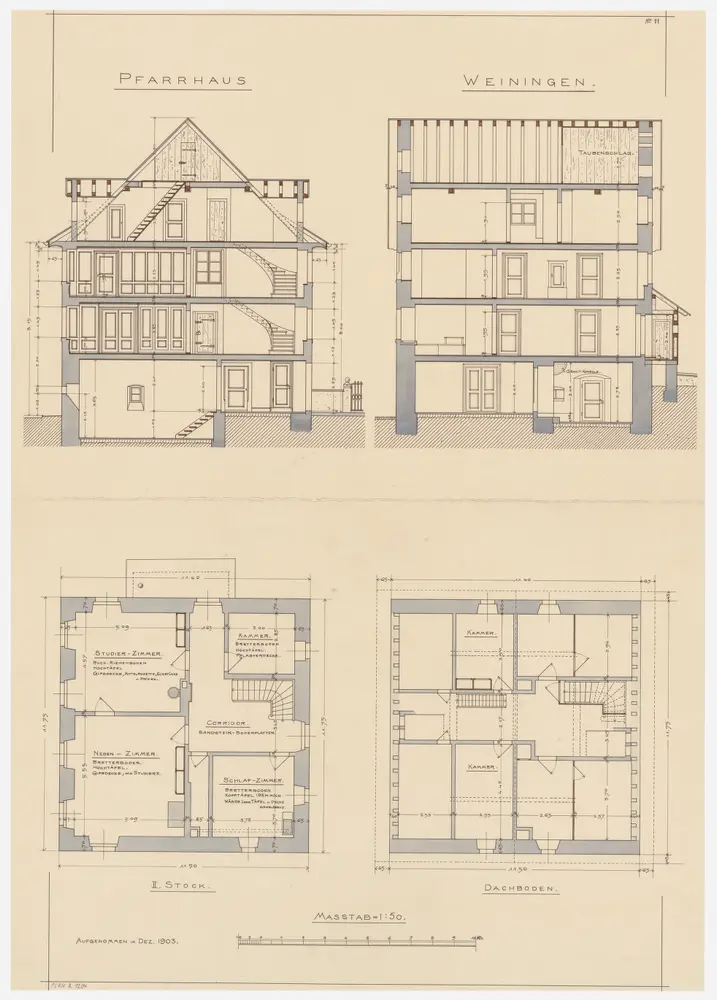 Weiningen: Pfarrhaus; Grundrisse des 2. Stocks und des Dachgeschosses, Längs- und Querschnitt (Nr. 11)