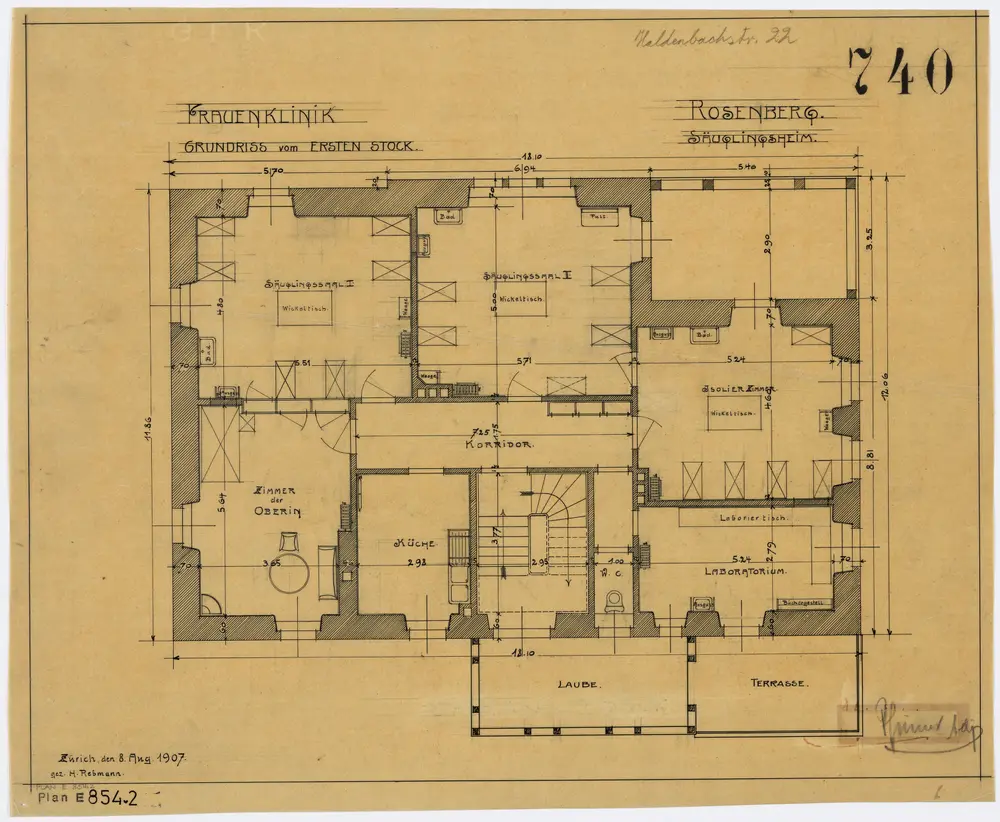 Zürich: Kantonsspital, Frauenklinik, Säuglingsheim Rosenberg; Grundrisse: 1. Stock