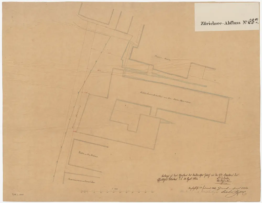 Zürich: Unterer Mühlesteg, projektierter Umbau, neue Spinnerei von Escher-Wyss; Situationsplan (Zürichsee-Abfluss Nr. 63 a)