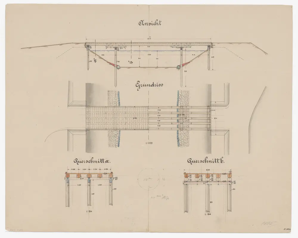 Opfikon: Feldwegbrücke über die Glatt; Seitenansicht, Grundriss und Querschnitte