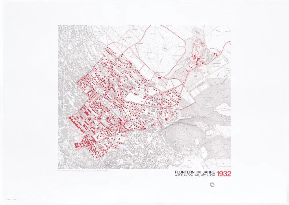 Historische Bauzustände der Zürcher Aussenquartiere in 48 Blättern: Fluntern im Jahre 1932 auf einem Plan von 1986; Übersichtsplan