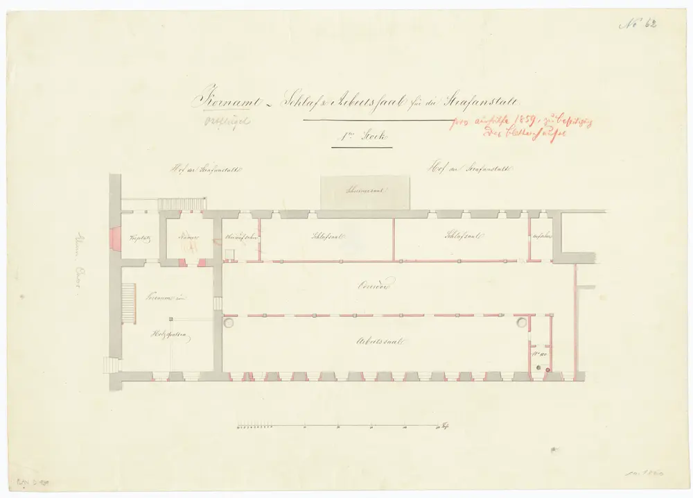 Kantonale Strafanstalt Oetenbach: Ostflügel, 1. Stock; Schlaf- und Arbeitssäle; Grundriss