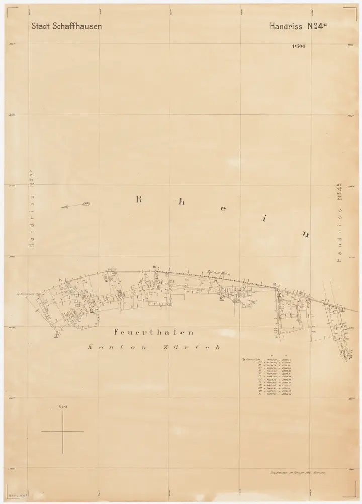 Feuerthalen bis Flurlingen: Durch den Vertrag vom 11.01.1901 zwischen den Kantonen Zürich und Schaffhausen festgelegter Grenzverlauf am linken Rheinufer bei Schaffhausen; Situationsplan-Handrisse: Rhein bei Feuerthalen; Situationsplan-Handriss (Nr. 4 a)