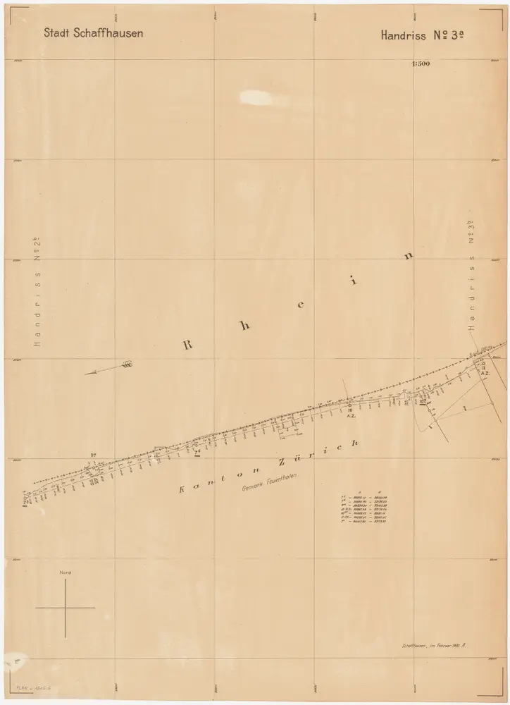 Feuerthalen bis Flurlingen: Durch den Vertrag vom 11.01.1901 zwischen den Kantonen Zürich und Schaffhausen festgelegter Grenzverlauf am linken Rheinufer bei Schaffhausen; Situationsplan-Handrisse: Rhein bei Feuerthalen; Situationsplan-Handriss (Nr. 3 a)