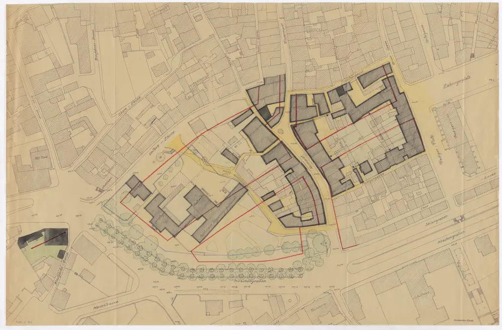 Situationsplan des projektierten Zähringerdurchbruchs nach der Baulinieneingabe des Stadtrates Zürich vom 27.06.1941