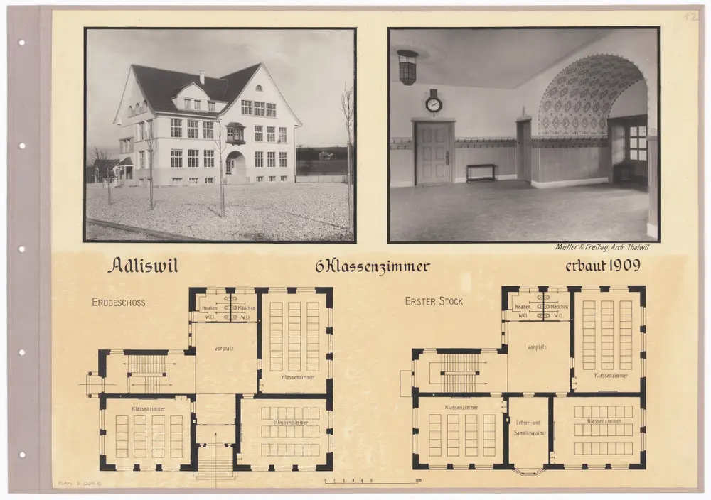 Schulhäuser des Kantons Zürich: Adliswil, Schulhaus; Grundrisse und Fotos des Gebäudes