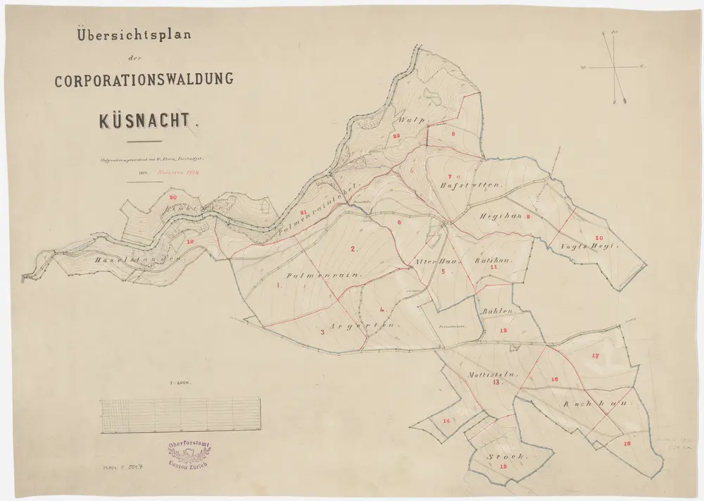 Küsnacht: Genossenschaftswaldung: Haselstuden (Haselstauden), Limberg, Palmenrain (Palmenrein), Wulpwis (Wurp), Hegihau, Hofstetten (Hofstätten), Rütihau (Der alte Hau), Palmenrain, Büelen (Bühlen), Mattistlen, Ruhau, Stock; Übersichtsplan