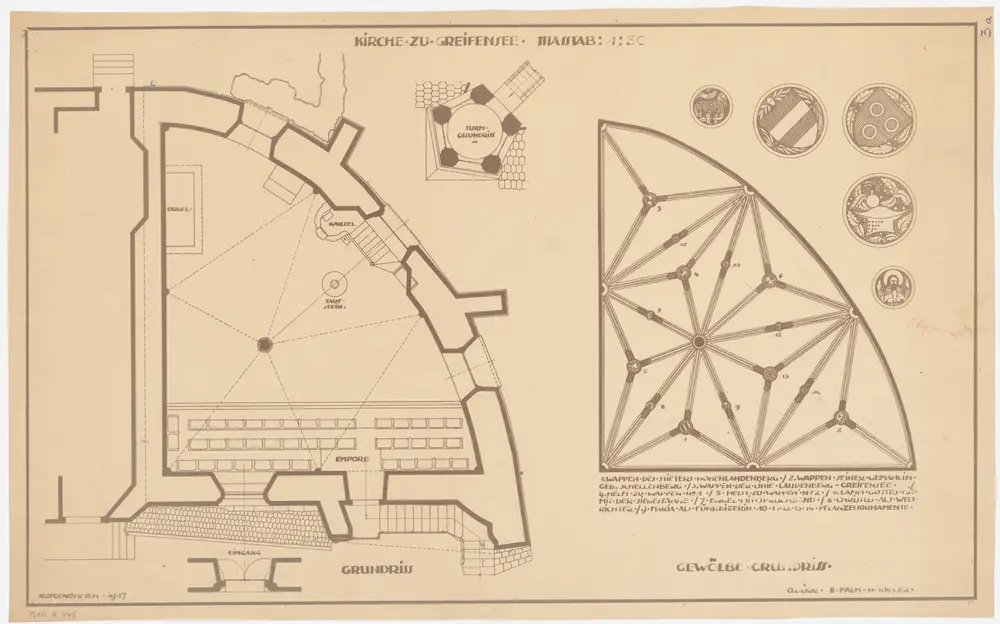 Greifensee: Kirche, Erdgeschoss mit Empore, Kirchturm und Gewölbe; Grundrisse (Nr. 3 a)