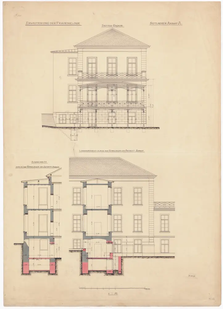 Frauenklinik Zürich: Erweiterung, seitlicher Anbau A; Seitenansicht und Schnitte (Kübelraum und Abritt-Anbau)