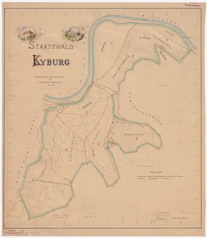 Kyburg, Töss, Illnau-Effretikon (damals Illnau), Schlatt: Staatswaldung: Kyburg: Tössacher, Tössackerrein, Maregg, Sännschür (Sennscheuer), Unter dem Tobelweg, Brandrüti, Mülitobel (Mühletobel), Weidtobel, Espiberg, Ahornboden, Zimmermannstobel; Grundriss