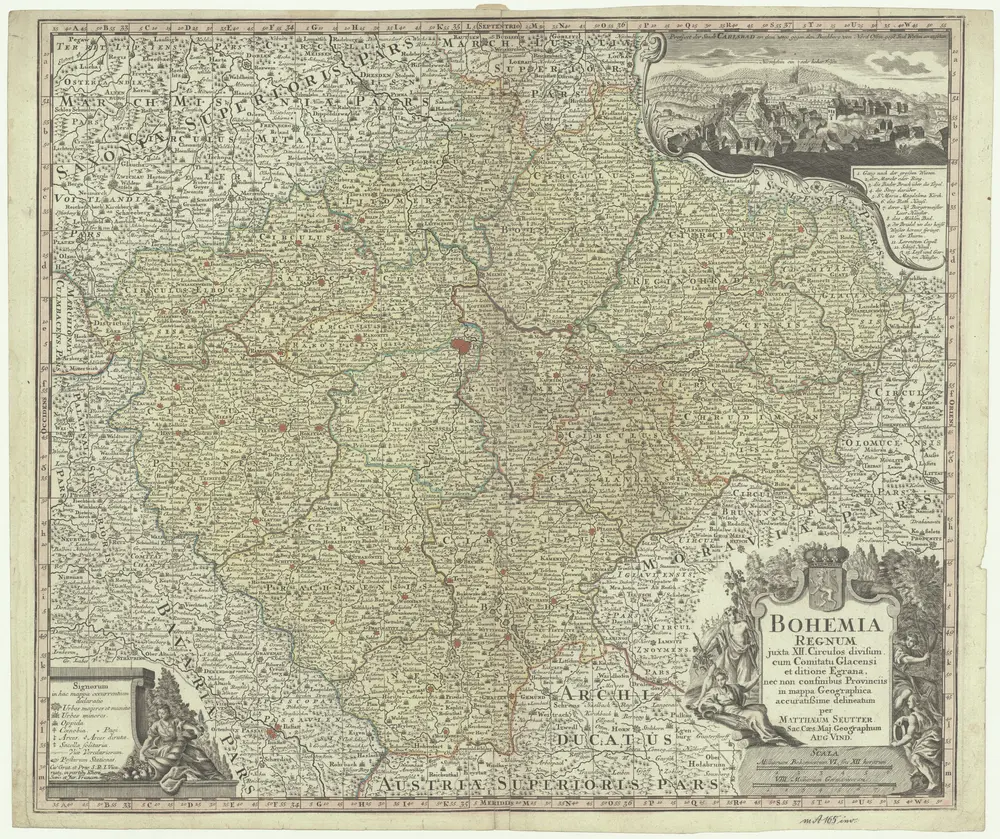 Bohemia regnum juxta XII. Circulos divisum cum Comitatu Glacensi et ditione Egrana, nec non confinibus Provinciis in mappa Geographica