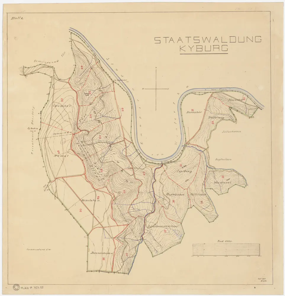 Kyburg, Töss, Illnau-Effretikon (damals Illnau), Schlatt: Staatswaldung: Kyburg, Töss, Illnau-Effretikon (damals Illnau): Tössacher, Stoffelweg, Sennschür, Espiberg, Weidtobel, Mülitobel (Müllitobel), Ahornboden, Zimmermannstobel, Bännenboden (Bennenboden), Chämleten (Kemleten), Homel, Leisacher, Bannhalden; Grundriss (Blatt 2)