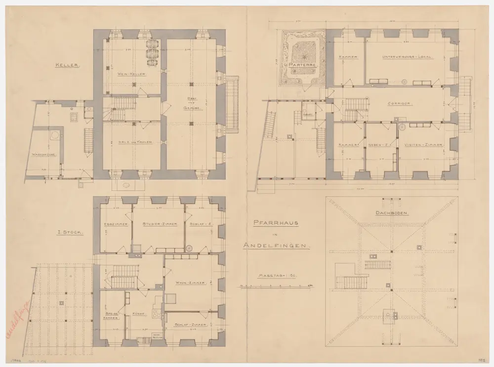 Andelfingen: Pfarrhaus, Keller, Erdgeschoss, 1. Stock und Dachgeschoss; Grundrisse (Nr. 2)