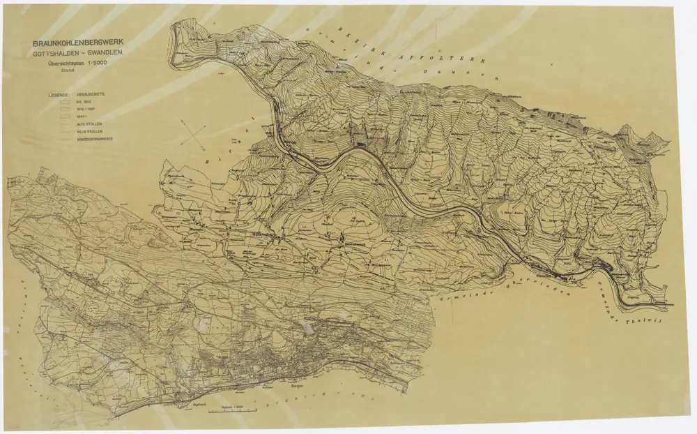 Horgen: Kohlebergwerk Käpfnach, Bereiche Gottshalden und Gwandlen, Abbaugebiete von vor 1902 bis nach 1941; Übersichtsplan