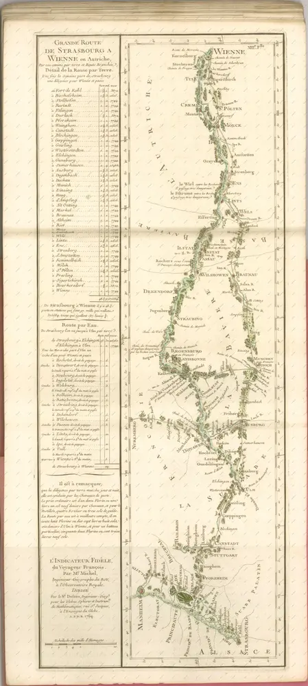 mapa z atlasu "L' Indicateur fidele, ou Guide des Voyageurs, qui enseigne Toutes les Routes Royales et Particulieres de la France, Routes levées Topographiquem dés le Commencement de ce Siécle, et Assujetties á une Graduation Géométrique, contenant Toutes les Villes, tous les Bourgs, Villages, Hameaux, Fermes, Chateaux, Abbayes, Communautés, Eglises, Chapelles, et autres Maisons Religieuses, les Moulins, les Hotelleries, les Justices, et les Limites des Provinces, les Fleuves, les Riviéres, les Ruißeaux,les Etangs, les Marais, les Ponts, les Gués, les Montagnes, les Bois, les Jardins, les Parcs, les Aveniies, et les Prairies traversés par les Grandes routes, et accompagné d'un Itinéraire Instructif et raisonné sur chaque Routes, qui donne le Jour et l ́heure du Départ, de la Dinée et de la Couchée tant des coches par Eau, que des carrosses, diligences et messageries du Royaume avec le Nombre des Lieues que ces différentes Voitures font chaque jour"