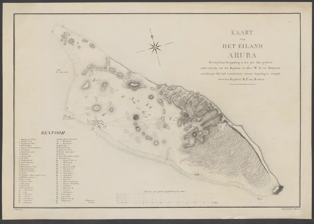 Kaart van het eiland Aruba / gevolgd naar de opmeting in den jare 1820 gedaan onder directie van den kapitein ter zee W.A. van Spengler en in den jare 1825 met verscheidene nieuwe bepalingen verrykt door den kapitein R.F. van Raders ; F. Etiennez [graveur?]