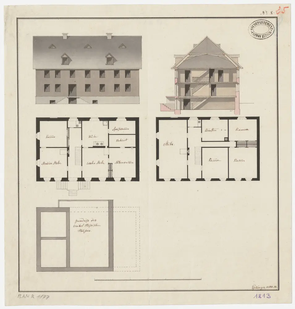 Wald: Pfarrhaus und Privathaus; Grundrisse des Erdgeschosses und 1. Stocks, Ansicht und Querschnitt des Pfarrhauses sowie Grundriss eines Privathauses (Nr. 25)