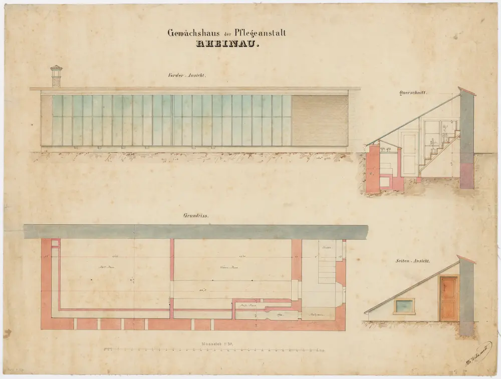 Pflegeanstalt Rheinau: Gewächshaus; Ansichten, Grundriss und Querschnitt