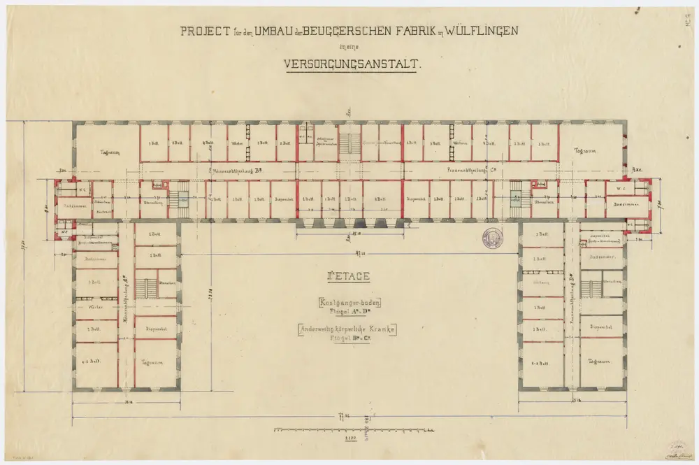 Wülflingen: Pflegeanstalt, Projekt für den Umbau der Beuggerschen Fabrik, 2. Stock; Grundriss