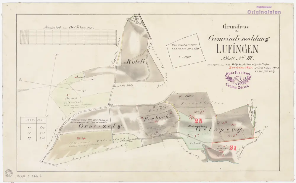 Lufingen: Gemeindewaldung: Rüteli, Gelsberg (Gelsperg), Forbuck (Forrbuck), Grosszelg; Grundrisse (Blatt III)