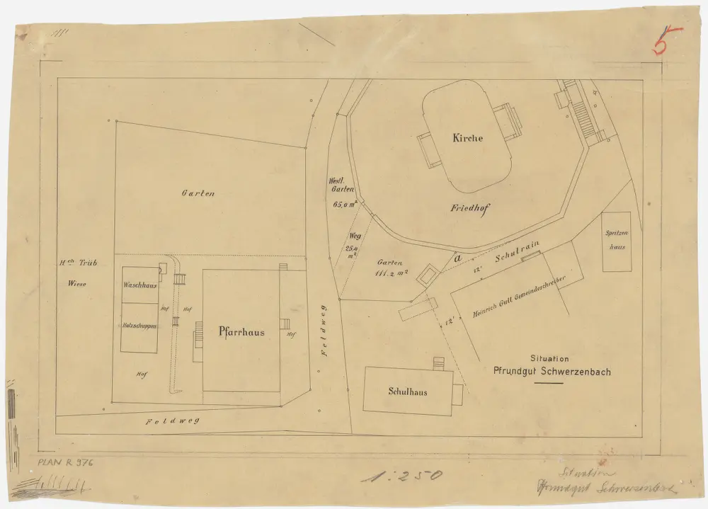 Schwerzenbach: Pfrundgut mit Kirche, Pfarrhaus und Umgebung; Grundriss (Nr. 5)