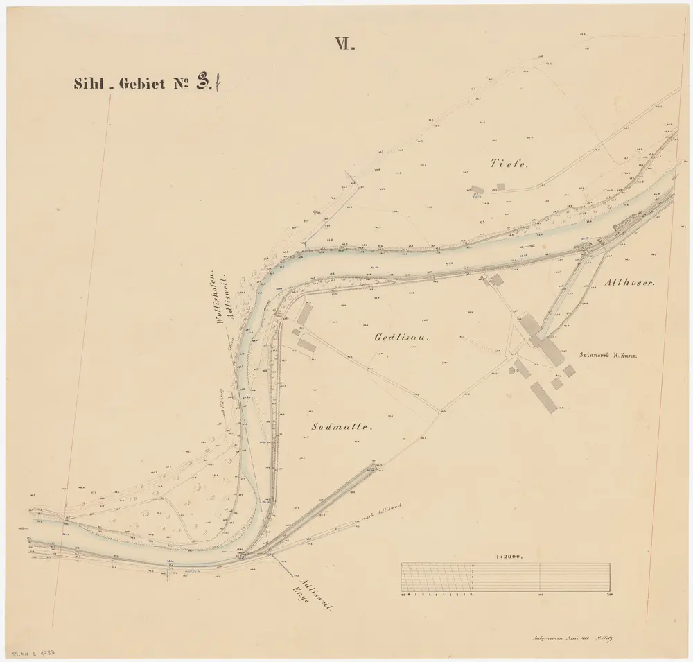Adliswil, Wollishofen, Enge: Sihl von oberhalb der Spinnerei Kunz bis oberhalb des Stegs bei Neu-Amerika; Situationsplan (Sihl-Gebiet Nr. 3 f)