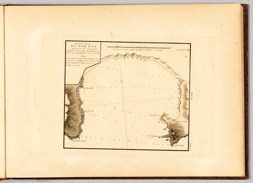 Plano del puerto de Por Man en la costa de Cartagena situada la Torre (A) en la latitud N. de 37°. 33'. 45". y longitud de 5°. 29'. 5". al E de Cadiz